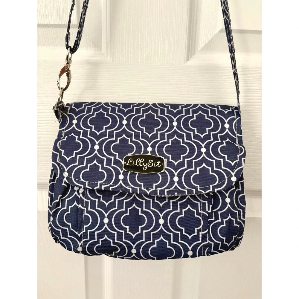 Lilly Bit Diaper Clutch Crossbody Bag Navy Blue Quatrefoil Canvas Baby Travel
